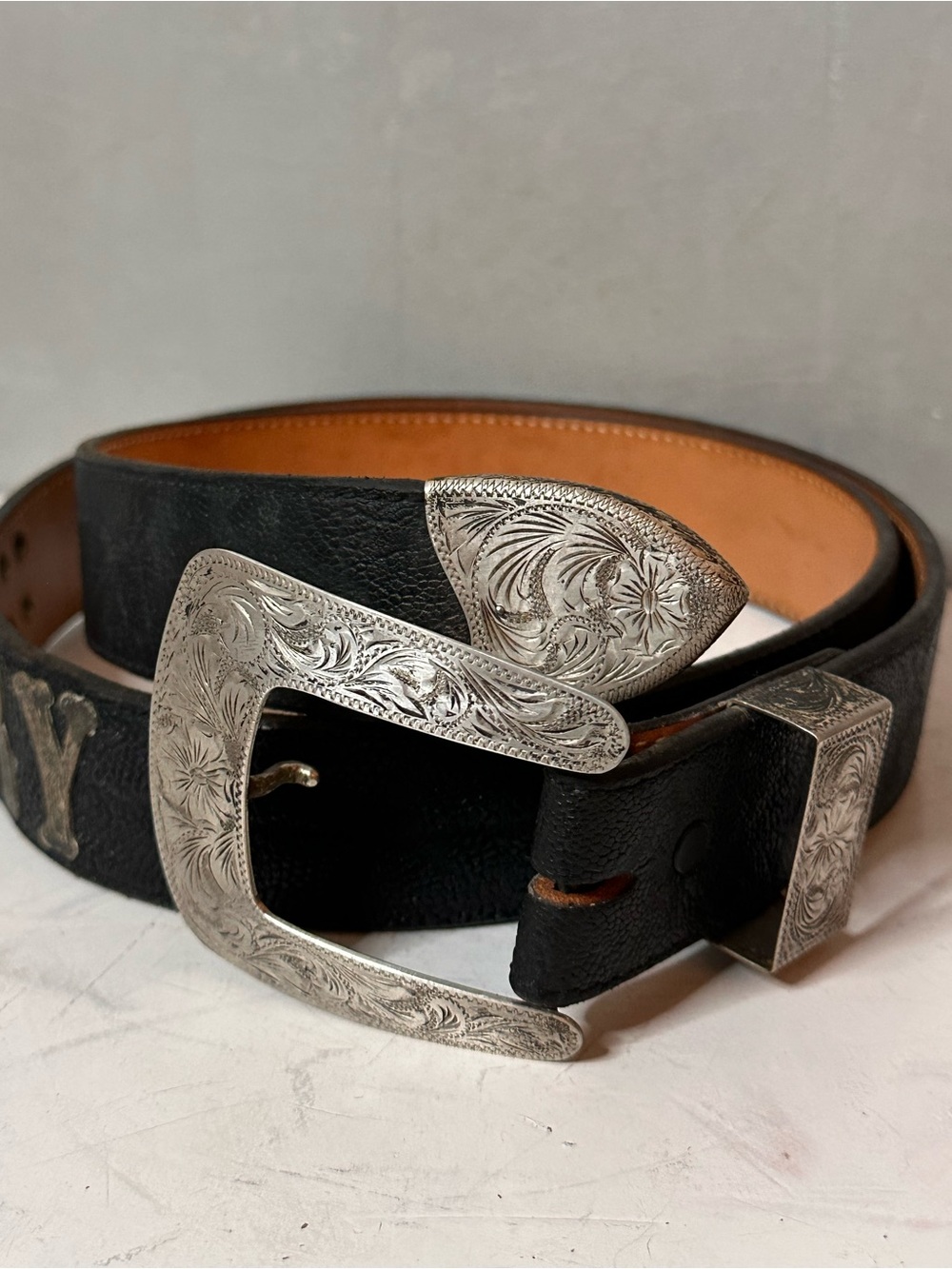 VINTAGE BELTS BY HANK LEATHER SILVER PLATE NAME BELT GARY 40